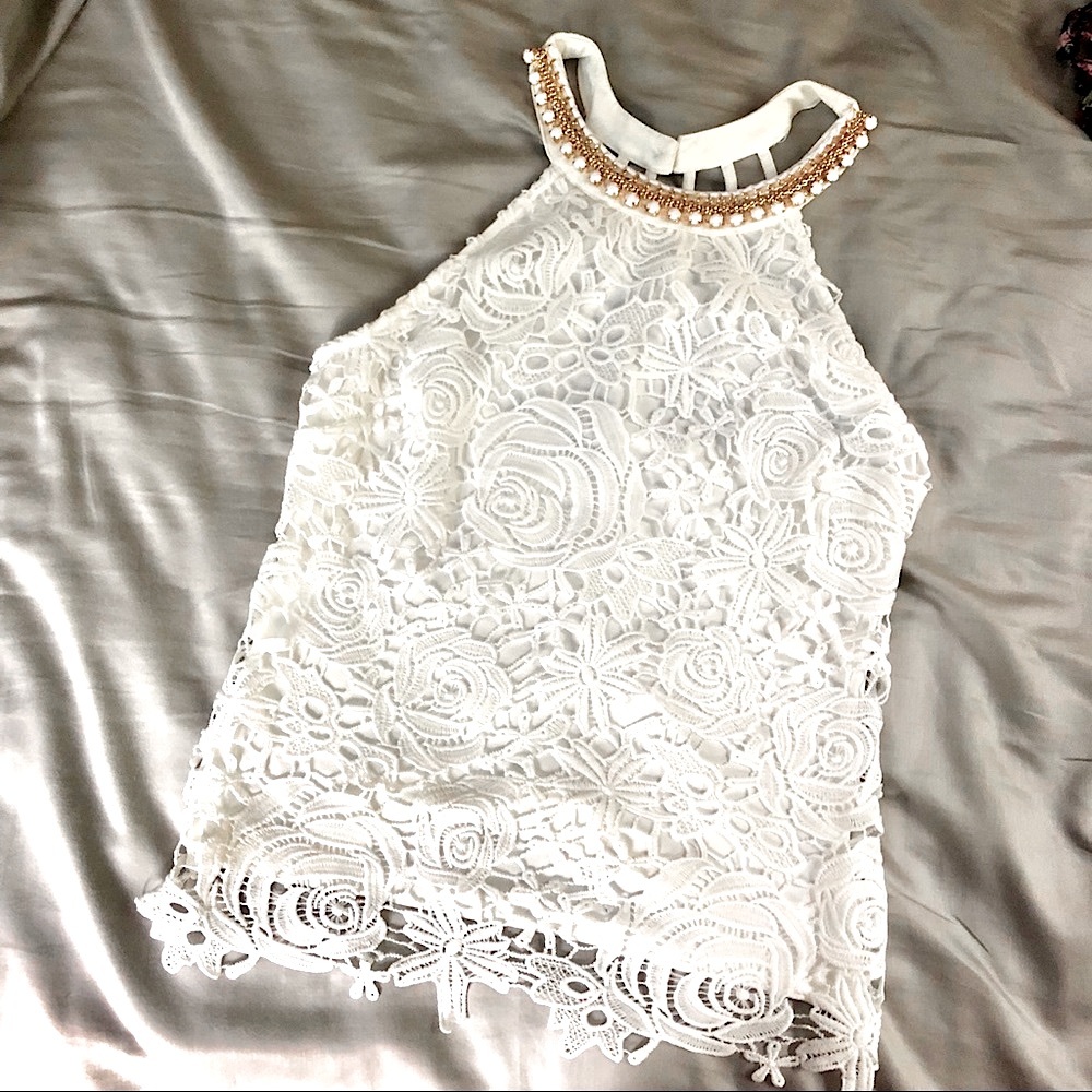 {Venus} embellished high neck lace top
